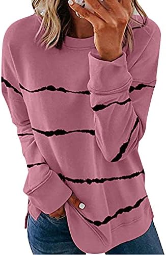 BIUCLY WOMENS Casual Manga Longa Crewneck Sorto de Selta Listrada Tops de Pullover solto