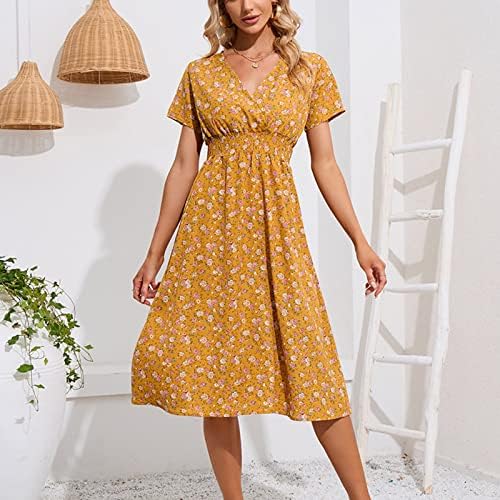 Vestido floral casual para mulheres de verão V de pescoço de manga curta uma linha de vestidos com cintura bocada vestido