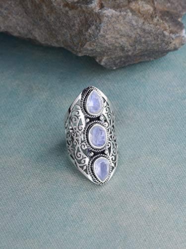 YotReasure Moonstone Solid 925 Prata esterlina 3 jóias de anel de pedra