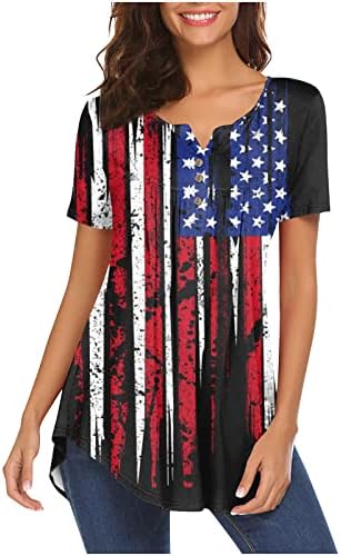 Tops de estampas de bandeira americana de grande porte femininas Botton Botton Down Pleated Tops Casual Camisetas de Manga Curta V Nech Camisetas