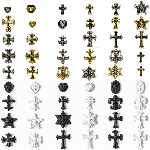 54 PCs 3d Cross Uil Art Charms Metal Silver Nail Lms Vintage Gothic Retro Punk Hearts Crânios Cross Formas Mistas para Manicure Craft
