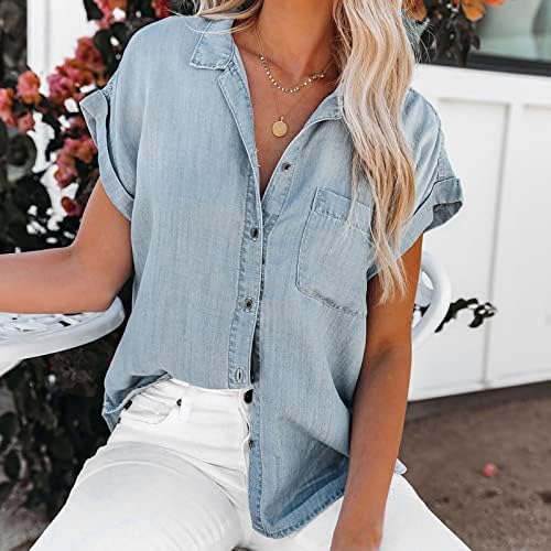 Camisa de jeans feminina Tops Moda Button Solid Color Button Down lapela Mangas curtas Solas Jeans casuais Cardigan Blouse Top