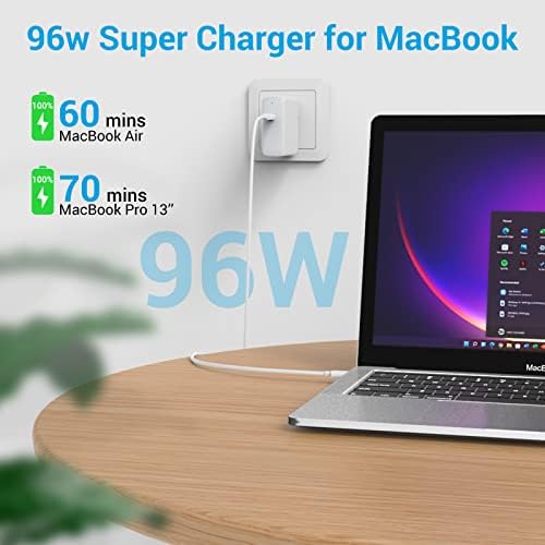 Mac Book Pro Charger - 96W USB C Mac Book Air Charger Compatível com MacBook Pro 13, 14, 15, 16, 2022, 2021, 2020, 2019, 2018, novo MacBook Air 13 in, iPad Pro, Indicador LED, 6,6ft 5A USB -C para C Cord