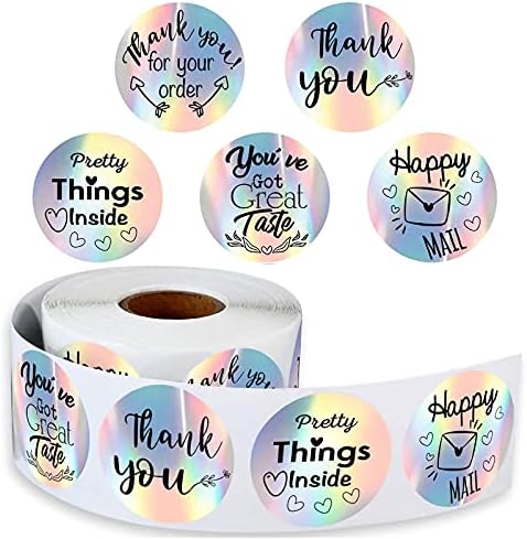 Flosius 500 PCs Obrigado adesivos 5 Design Rainbow Holo Stickers Holográfica Silver Roll