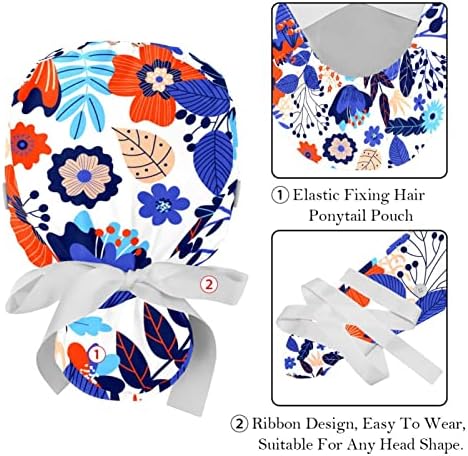Flores Chapéus de esfregar marinho para mulheres cabelos longos, boné de trabalho com botão e banda de suor, chapéus de amarração