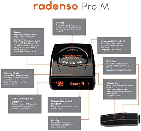 Detector de radar de Radenso Pro M com alertas menos falsos, tamanho pequeno, suporte técnico nos EUA, bloqueios GPS