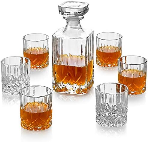 Crystal Cut Whisky Decanter e 6 copos de moda antiga - estilo europeu para bourbon, escocês, uísque ou vinho - casamento perfeito