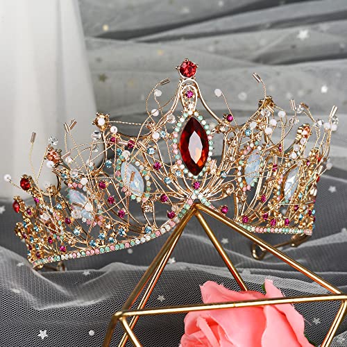 Yanstar Gold Queen Crown for Women, coroas de noiva coloridas de shinestone e tiaras para casamento, Red Crystal Baroque Princess Crown Tiaras para Festas de Aniversário do Prom