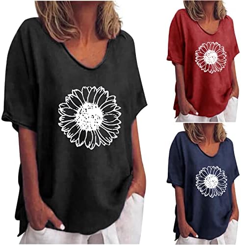 Verão feminino de linho de algodão Tops Tops da moda curta de manga curta camisetas de túnica de flor lúdicas de pópolas de tripulação