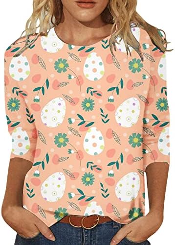 Camisa de coelhinho da Páscoa para mulheres 3/4 manga Camisa fofa Túnica o Pescoço Pullover casual Bloups Tops