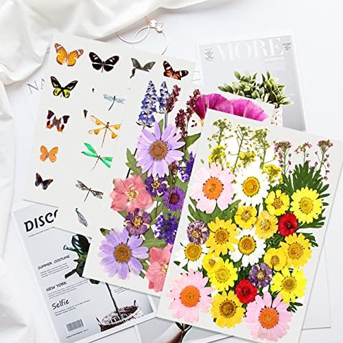 142 PCS Real Secado Flores Pressionadas Folhas Kits Adesivos de borboleta, flores secas naturais com pinças para resina de arte
