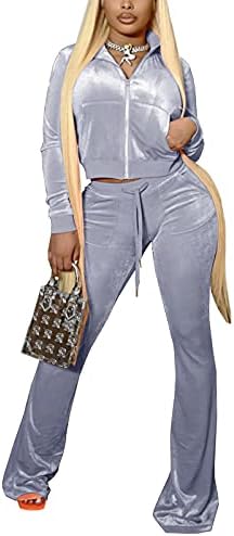 Chatinction feminino 2 peças Velas Velor Zip Up Crop Crop e Bell Bottoms Long Pants com bolsos