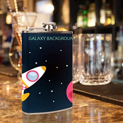 Balão de quadril para bebidas inoxidáveis ​​à prova de vazamento de aço inoxidável com funil 7.7 oz de couro ótima ideia de presente Flask - Espaço externo Galaxy Rockets Planet