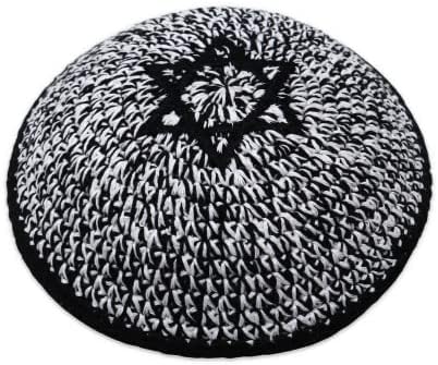 ATERET Judaica de malha de malha artesanal tamanho 16 cm em cores preto e branco com estrela de David, chapéu Yamakah