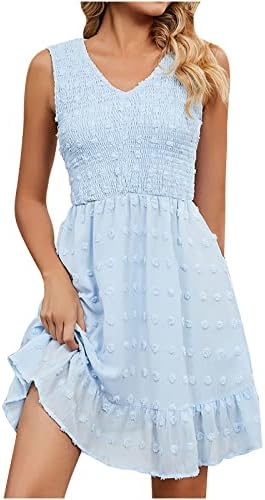 Vestido feminino em vosos de pescoço de pescoço de pescoço de verão sem mangas vestidos de ponto suíço