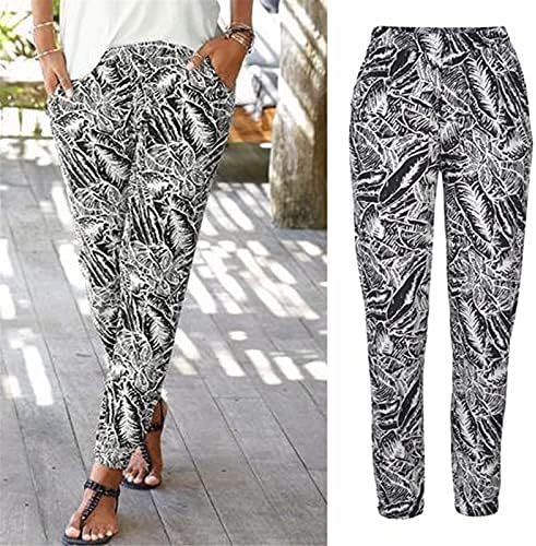 Calça estampa de boho feminina de zdfer com bolsos de cintura alta calças gráficas cônicas linho de algodão casual calças de praia