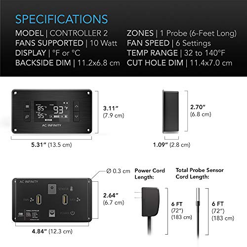 Airplate Airplate AC Infinity T8, Sistema Silencioso de Fan Dual Fan 6 com controle de termostato, para armários AV