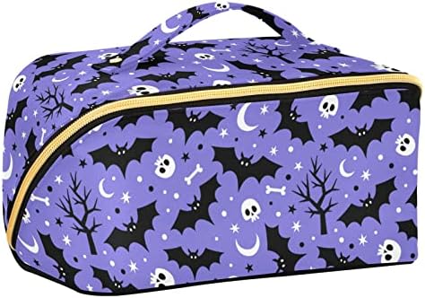 Jhkku Halloween Bats Skull Bolsa de maquiagem de viagem de grande capacidade para fácil acesso, saco de armazenamento