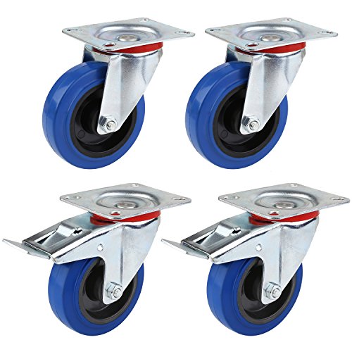 Rodas de rodízio pneumático de 4 polegadas, serviço pesado com rodas de poliuretano de 360 ​​graus, pacote de 4, azul sem ruído