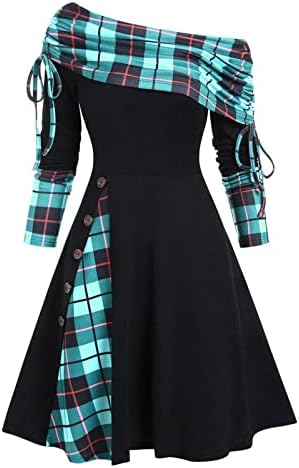 LCZIWO Mulheres Vestido de retalhos Vestido vintage fora de ombro de manga longa Casual A-line Dressos Cuzinho sobreposição