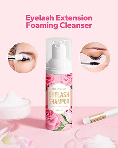 SHAMPOO DE LASH KOMOKO para extensões de cílios, escovas de 60 ml/2 fl.oz+, suprimentos de extensão de cílios, limpador de espuma das pálpebras, banho de cílios, removedor de extensão de cílios, limpador de extensão de cílios, uso de salão e cuidados domésticos