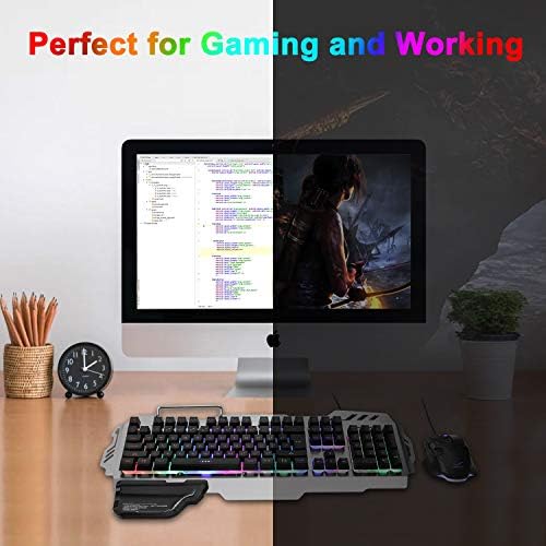 Teclado e mouse do Fenifox Gaming, com fio LIVRO DE FEITO DE ARGUNS LIVRADO DE BENÇÃO ERGONONICA LED Painel de metal removível de mão, para Windows PC Gamer PS4 Xbox One