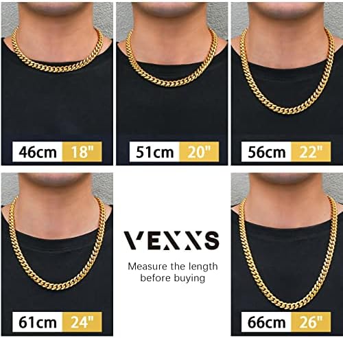 VEXXS MIAMI CURCH CUBAN LINK, 18K Real Gold Bated Gold Chain, Durável Sem cor Desbotamento 10mm 12mm Men's Chain Chain