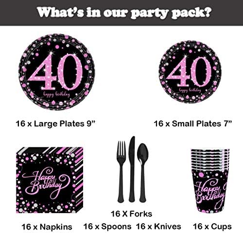 Conjunto de suprimentos para festas de aniversário de 40 anos - serve 16 convidados para mulheres - kit de utensílios de mesa descartáveis, incluindo placas de papel de 7 ”, pratos de 9”, copos de 12 onças, guardanapos, garfos, facas, colheres