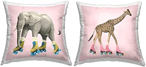 Stuell Industries Elephant e Giraffe patinando design de rosa retro por Grace Popp 2 travesseiros, 18 x 18