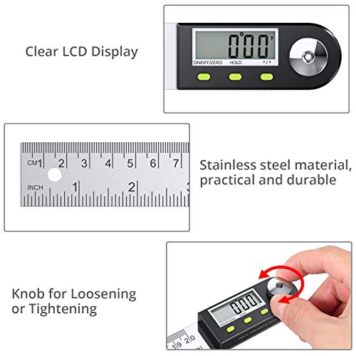 Neoteck Digital Angle Finder Régua de 8 polegadas/200mm Penas de aço inoxidável Digital com função de retenção de dados e redefinição de redefinição LCD Exibição eletrônica Régua de bitola de nível de espírito eletrônico