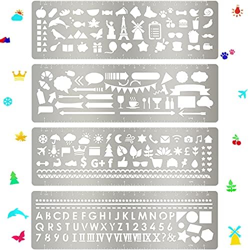 4 peças estêncil de metal marcador de metal diário de estêncil de estêncil de estêncil de aço inoxidável Kit Kit Modelos de estêncil de notebook para DIY, gravura, pintura, scrapbooking, 7,1 x 2,3 polegadas