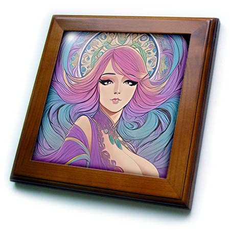 3drose Art Nouveau Mulher. Cativante jovem menina com charme de cabelo roxo - azulejos emoldurados