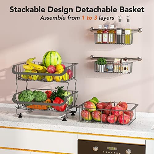 Cesta de vegetais de frutas, 1easilife 3 camada de cesta de arame de metal empilhável com rodas rolantes, rack de