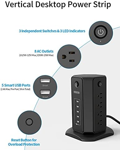 Power Strip Tower - NtonPower 10ft Extension Cord Plug Plug Surge Protector, 8 pontos de venda 5 estação de carregamento