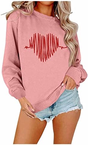 Jjhaevdy feminino impressão de coração redondo pescoço de manga longa moletons do pulôver casual Tops de blusa solta leves respiráveis