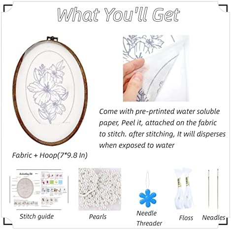 Kit de bordado highkick para adultos iniciantes, kit de bordado floral de flores, bordado elegante de trabalho branco, lírio
