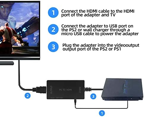 XahPower PS2 para conversor adaptador HDMI, Suporte ao cabo de link HDMI 16: 9/4: 3 e HD 1080p Display para Sony PlayStation 1/