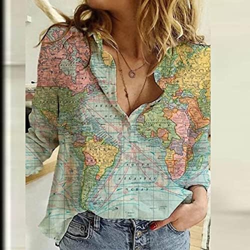 Mapa feminino mapa de impressão gráfica de linho camisas de algodão de manga comprida geometria vintage botões soltos imprimir