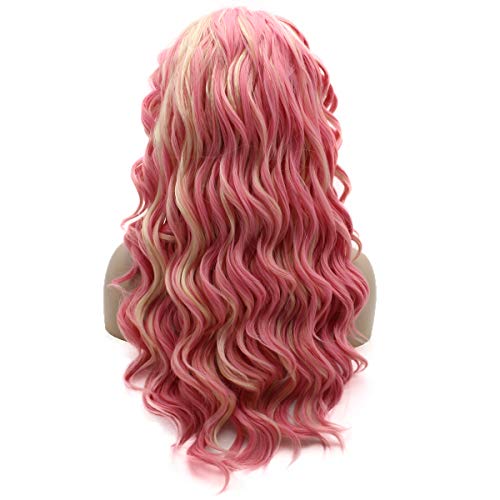 Lushy Synthetic Lace Front Wig Wavy Long Pink Light Light Blonde Mix Wig Mão de peruca realista