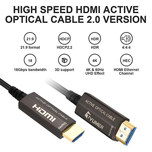 Cabo HDMI de fibra óptica de fibra de tumen 50 pés - cabo HDMI de fibra de alta velocidade, suporta Ethernet 4k 60Hz,