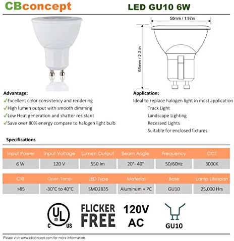 Lâmpadas LED de LED de GU10 listadas por CBConcept, 5 watts, 550 lúmen, 3000K branco, equivalente a halogênio de 50W,