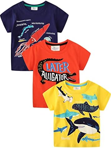 Loktarc Boys Dinosaur T-shirts Crewneck Camisetas de manga curta 3 tops de pacote de 3 pacote