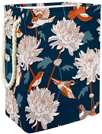 Fundo floral Indomer com pássaros e crisântemos Padrão vintage 300D Oxford PVC Roupas à prova d'água cesto de roupa grande para cobertores