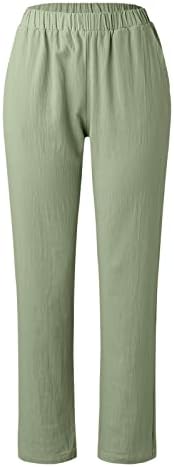 Calças de linho de algodão casual de verão para mulheres calças largas de perna reta Alta cintura longa com bolsos