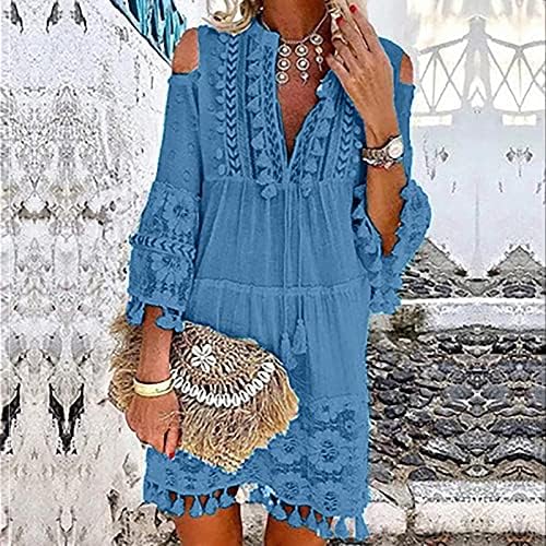 Fragarn 3/4 vestidos de manga para mulheres Boho 2022 Fo Cute Cold Ombro Tassel Triered Smocked Dress Beach Loose Mini