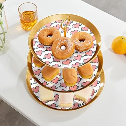 3 Placa de fruta de cupcakes de 3 camadas de sobremesa Plástico para servir suporte de exibição para casamento de aniversário Decorações de chá de chá de chá de bebê redondos, fofo corações voadores de amor padrão