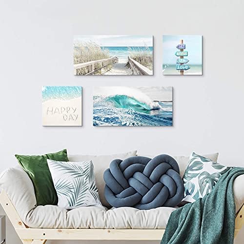 Arte de parede de lona de praia Picture: Blue Ocean Wave & Pathway Landscape Painting Obra de arte moderna Sea Relax tem