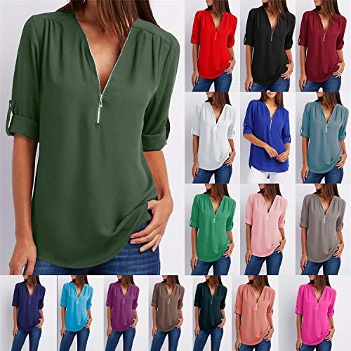 Andongnywell Women Feminina Tamas Casuais Casual T-shirt LOP BLOSHA PULLA PULL SLUVE CHIFFON LOLHO COM ZIPPER