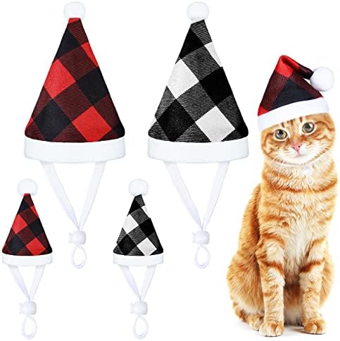 Xuniea gato chapé de natal 4 peças cães xadrez chapéus de santa chapéus pequenos chapéus de animais de Natal gatos e cães figurinos 5,5 x 7,8 polegadas, 3,5 x 4,3 polegadas