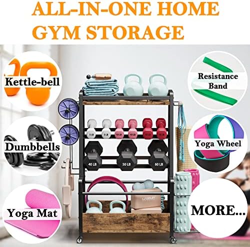 Rack de Ironck Dumbbell, rack de armazenamento de ginástica em casa para halteres kettlebells yoga tapete e bolas, rack de peso em um organizador de armazenamento de equipamentos de exercícios com ganchos e rodas